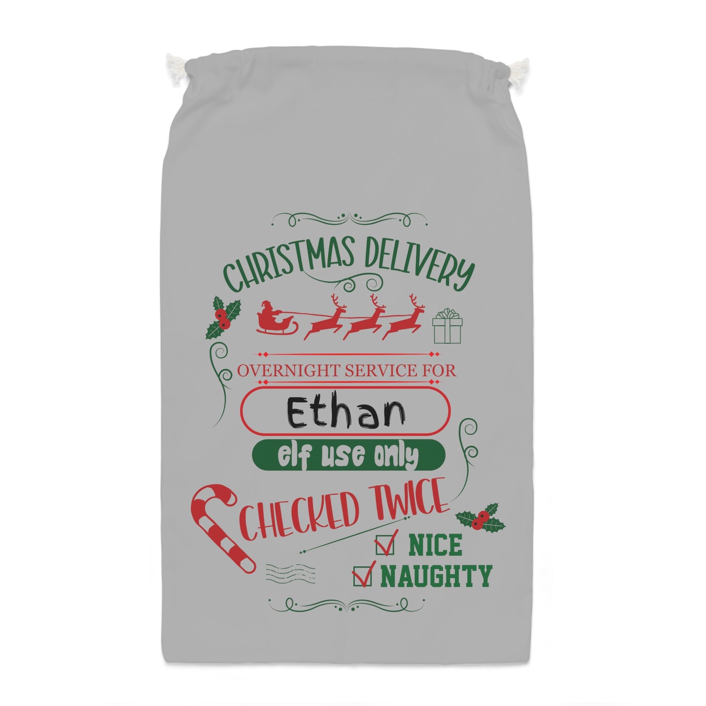 Elf Use Only - Personalized Grey Sack