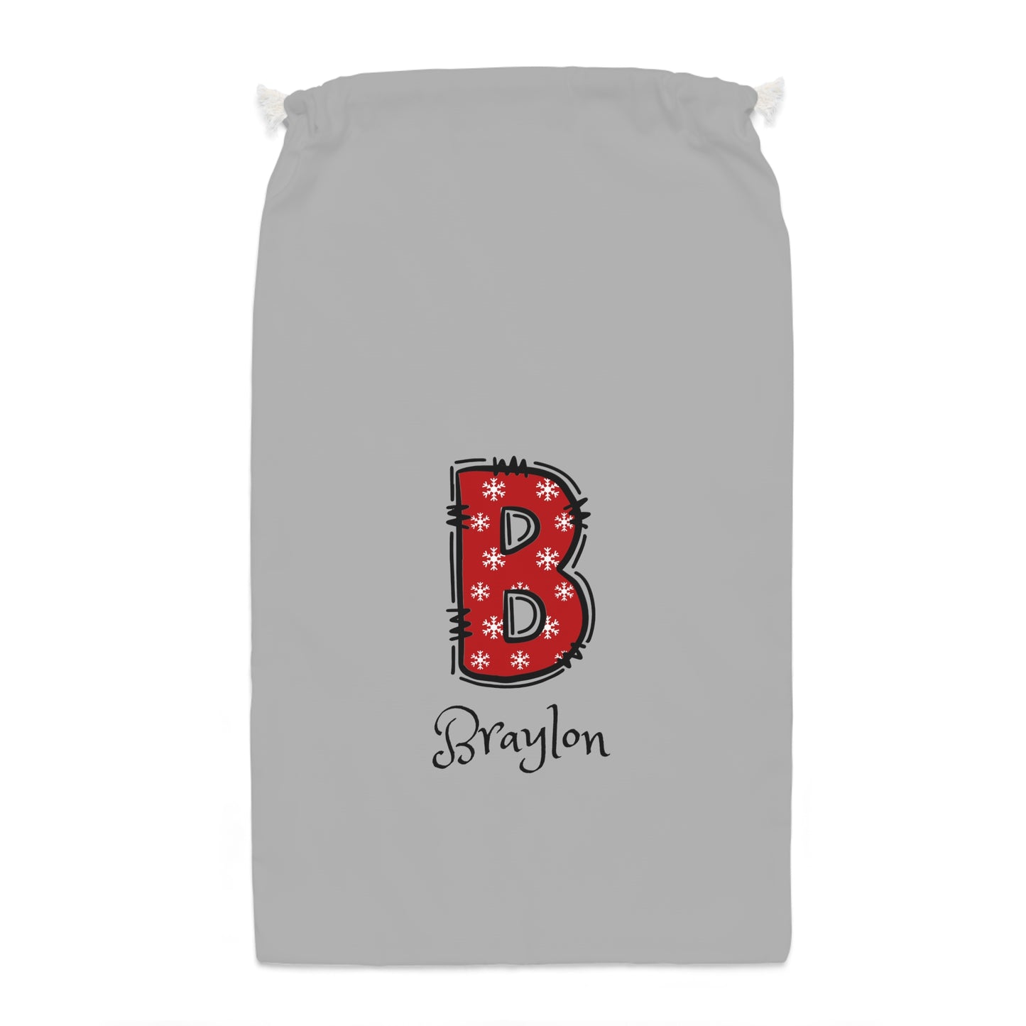 Red Snowflake Initial Personalized Light Grey Sack