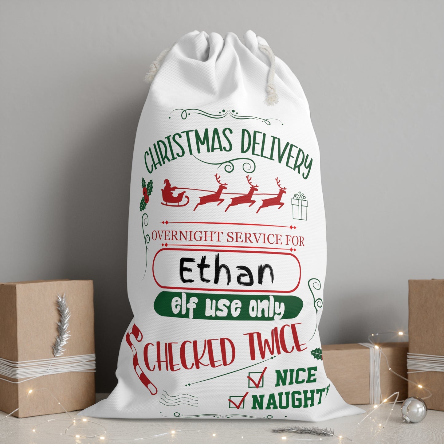 Elf Use Only - Personalized White Sack