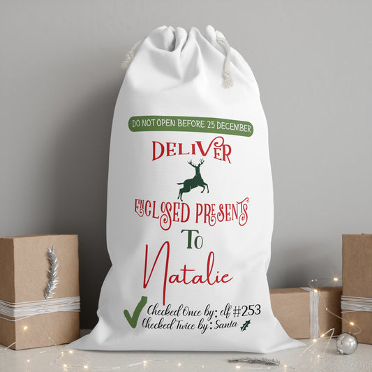 Deliver Enclosed Presents - Personalized White Sack