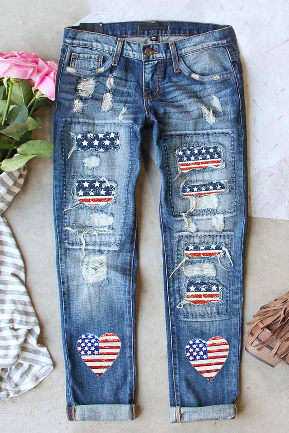 US Flag Distressed Straight Jeans