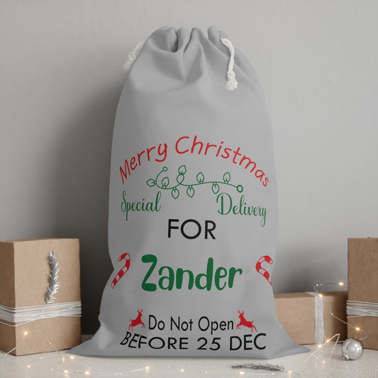 Merry Christmas Special Delivery - Personalized Light Grey Sack