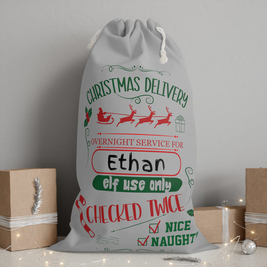 Elf Use Only - Personalized Grey Sack