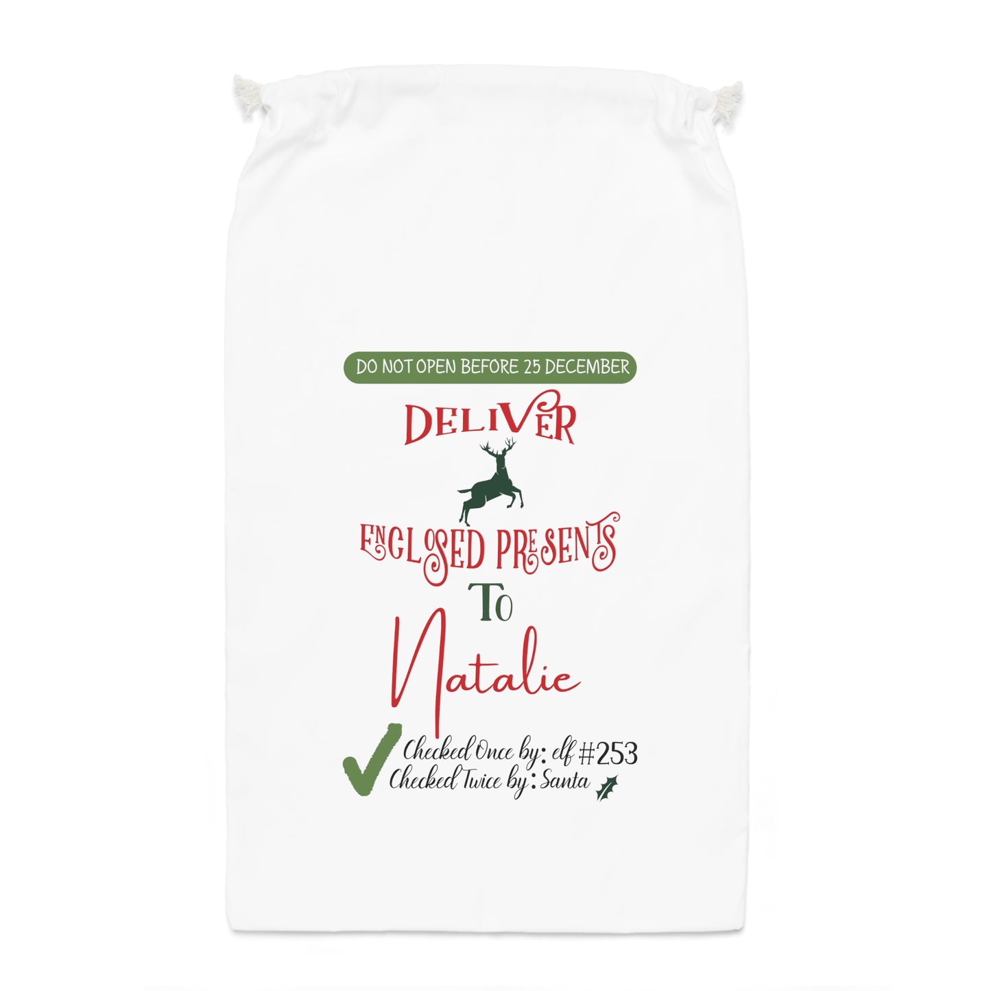 Deliver Enclosed Presents - Personalized White Sack