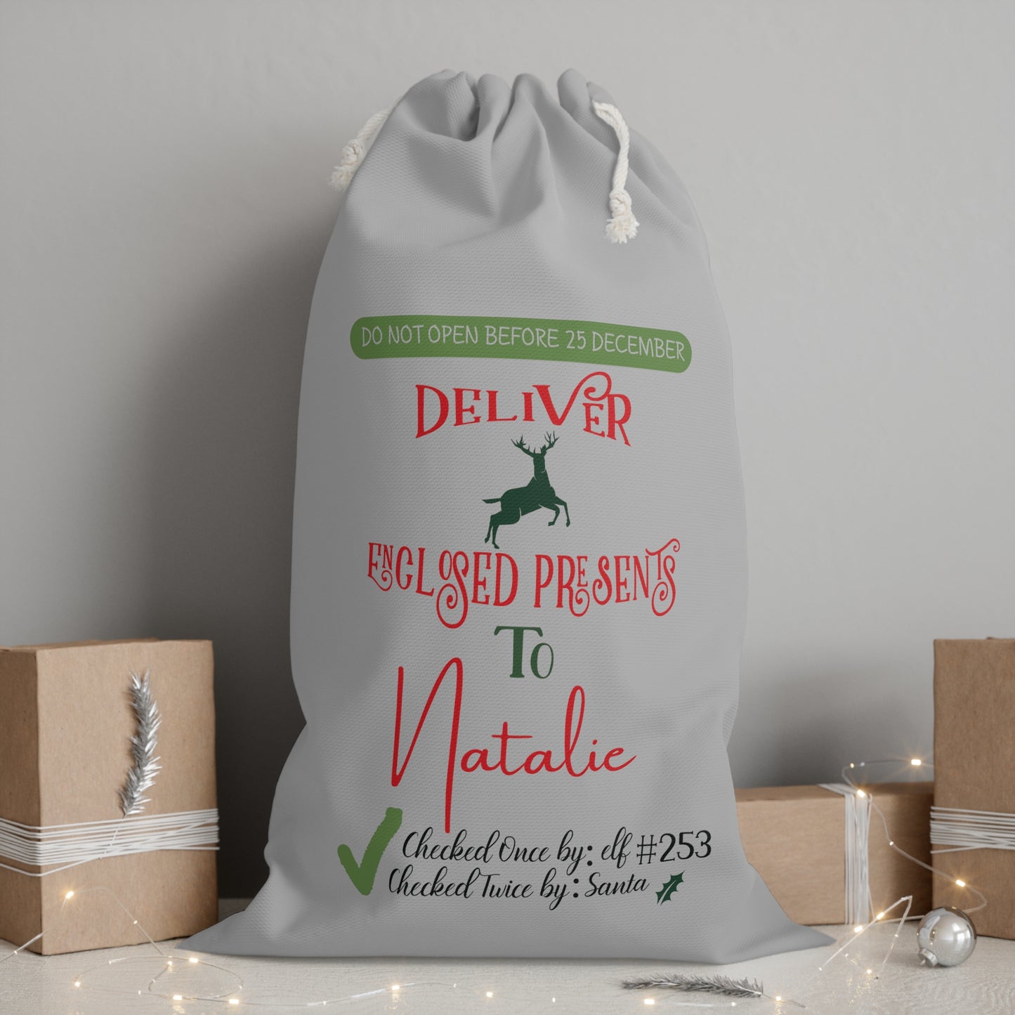 Deliver Enclosed Presents - Personalized Light Grey Sack