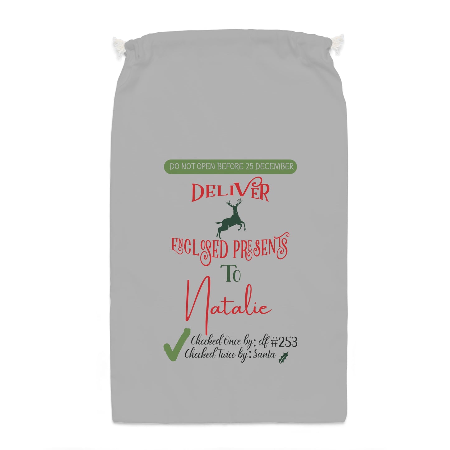 Deliver Enclosed Presents - Personalized Light Grey Sack