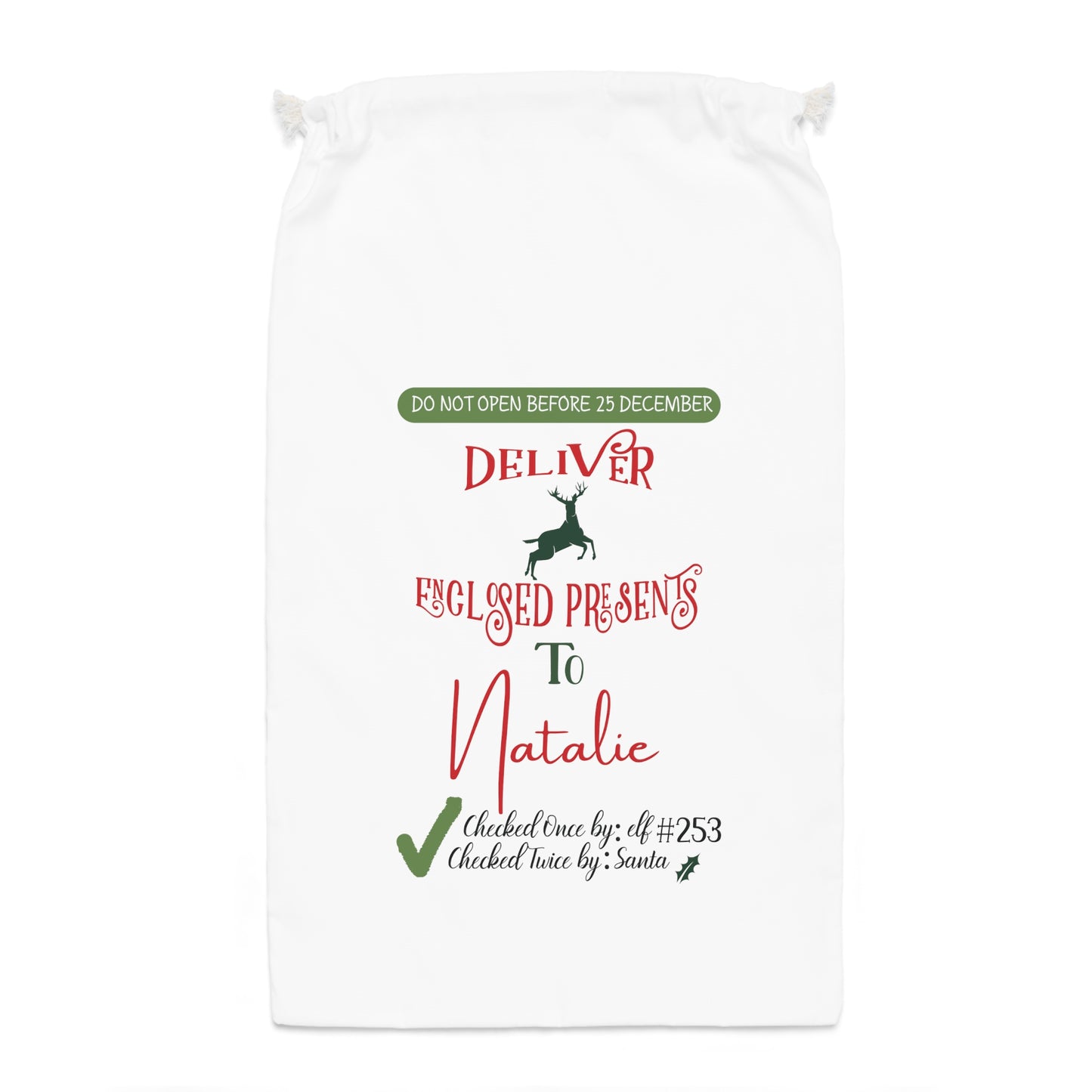 Deliver Enclosed Presents - Personalized White Sack