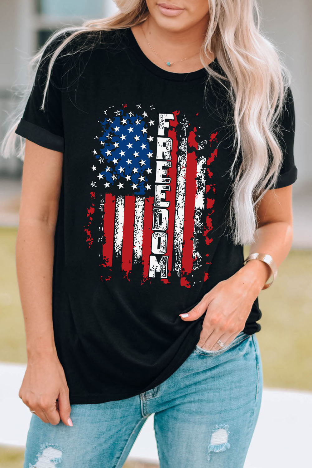 FREEDOM US Flag Graphic Round Neck Tee