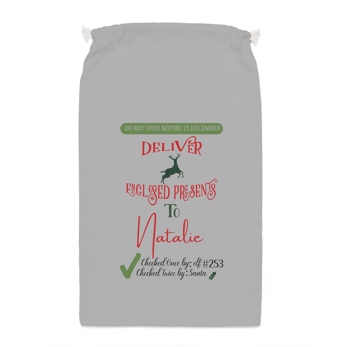 Deliver Enclosed Presents - Personalized Light Grey Sack