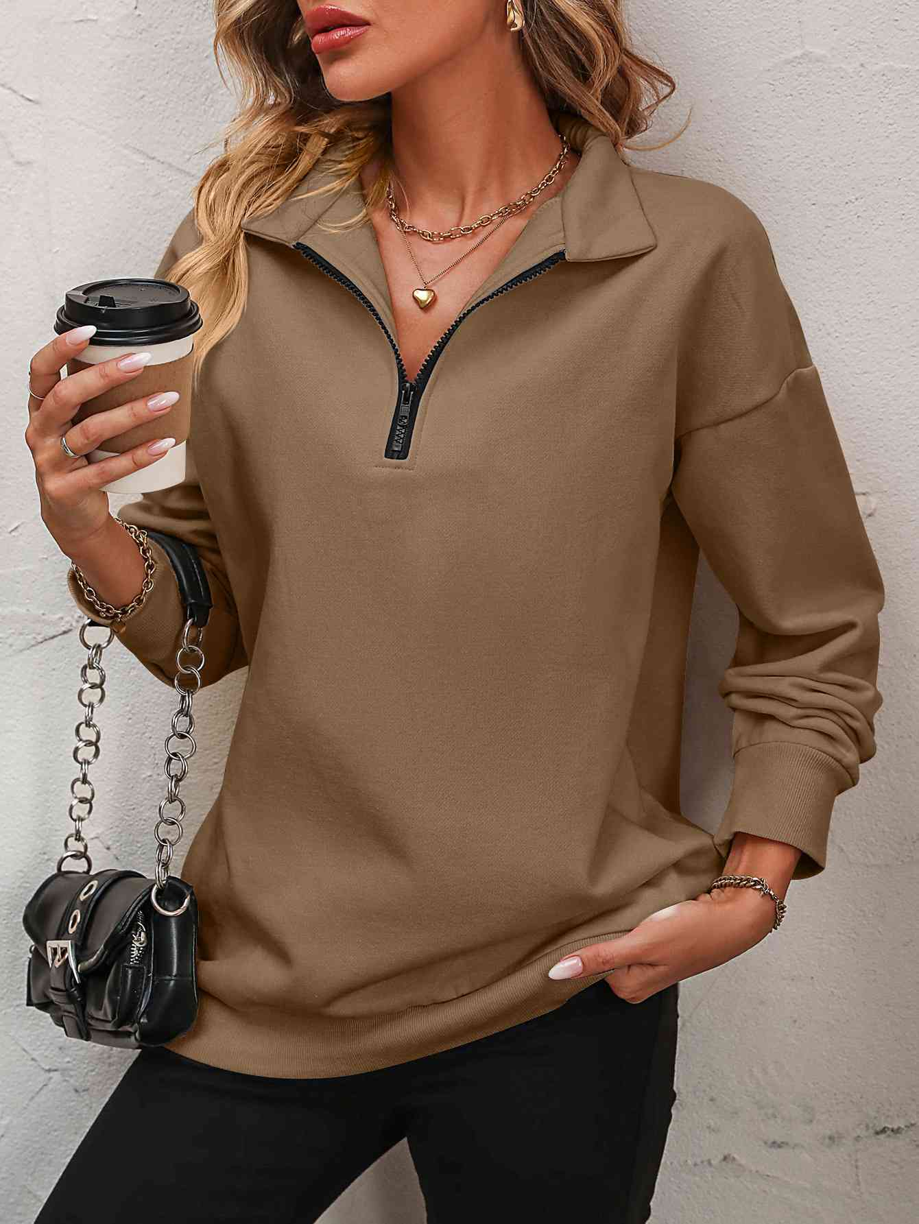 Zip-Up Dropped Shoulder Sweatshirt