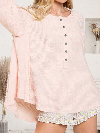 Waffle Knit Half Button Raw Hem Blouse