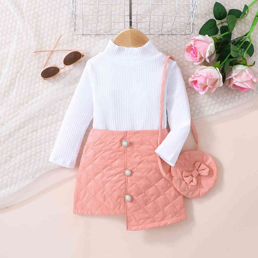 Girls Knit Top and Decorative Button Skirt Set with Bag