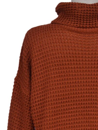 Waffle-Knit Turtleneck Round Neck Sweater