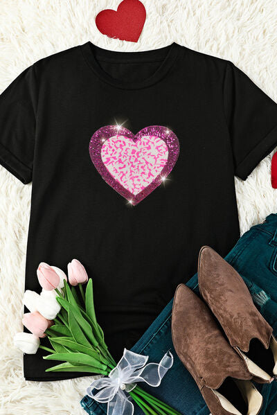 Heart Sequin Round Neck Short Sleeve T-Shirt