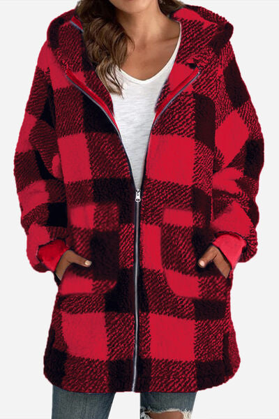 Double Take Full Size Plaid Long Sleeve Hooded Coat