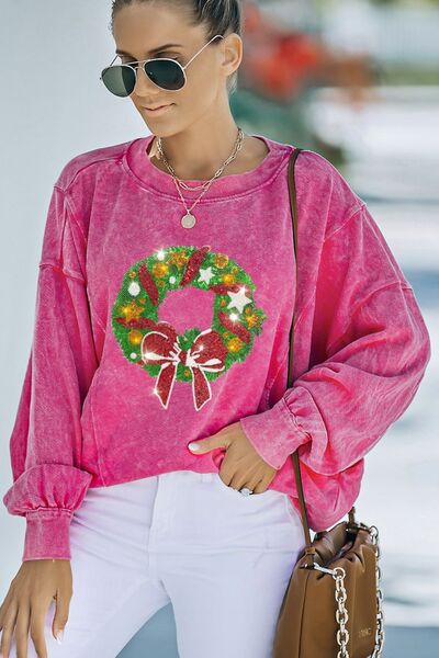 Wreath Sequin Round Neck Long Sleeve Sweatshirt