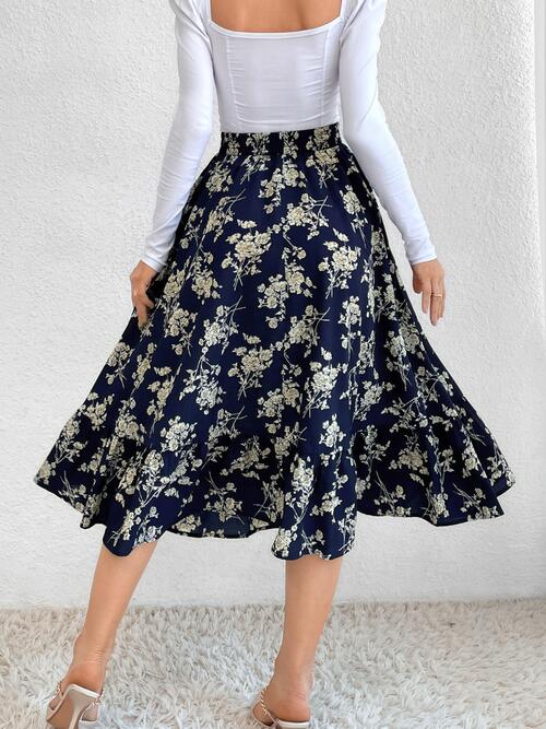 Printed Ruffle Hem Midi Skirt