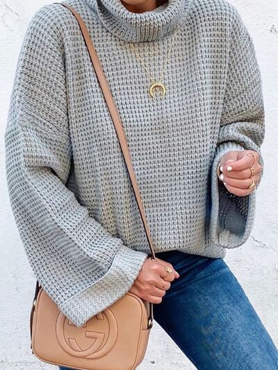 Waffle-Knit Turtleneck Round Neck Sweater