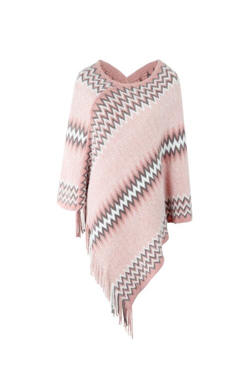 Fringe Hem Striped Cape Sleeve Poncho