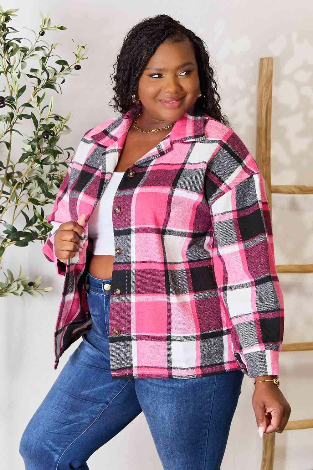 Double Take Plaid Button Up Collared Neck Jacket