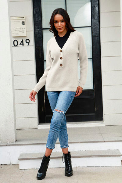 Half Button Up V-Neck Sweater