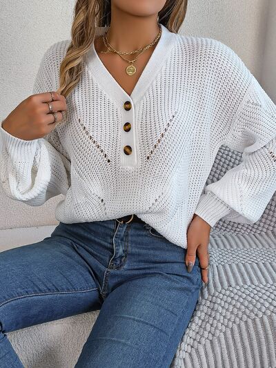 Openwork Half Button Lantern Sleeve Sweater