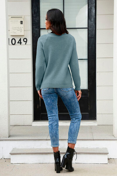 Half Button Up V-Neck Sweater