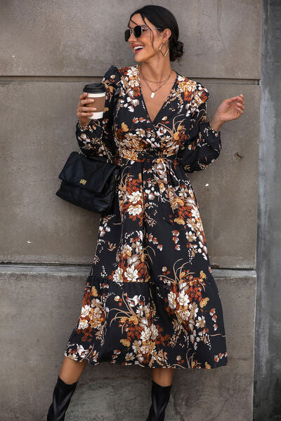 Floral Surplice Tie Front Ruffle Hem Midi Dress