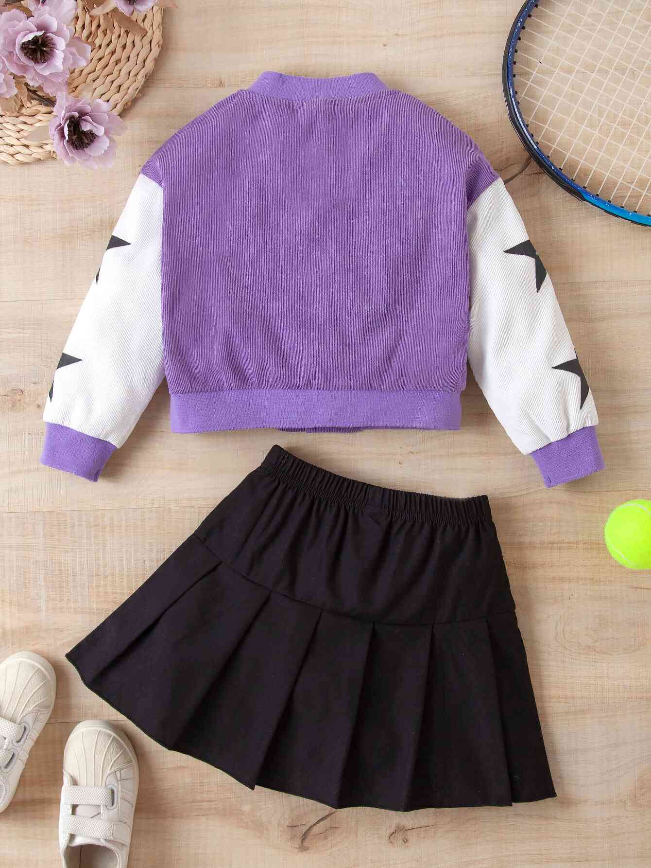 Girls Contrast Bomber Jacket, Tank, and Pleated Skirt Set