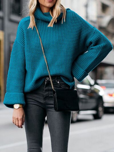 Waffle-Knit Turtleneck Round Neck Sweater