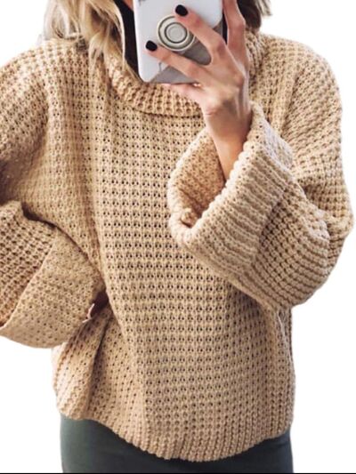 Waffle-Knit Turtleneck Round Neck Sweater