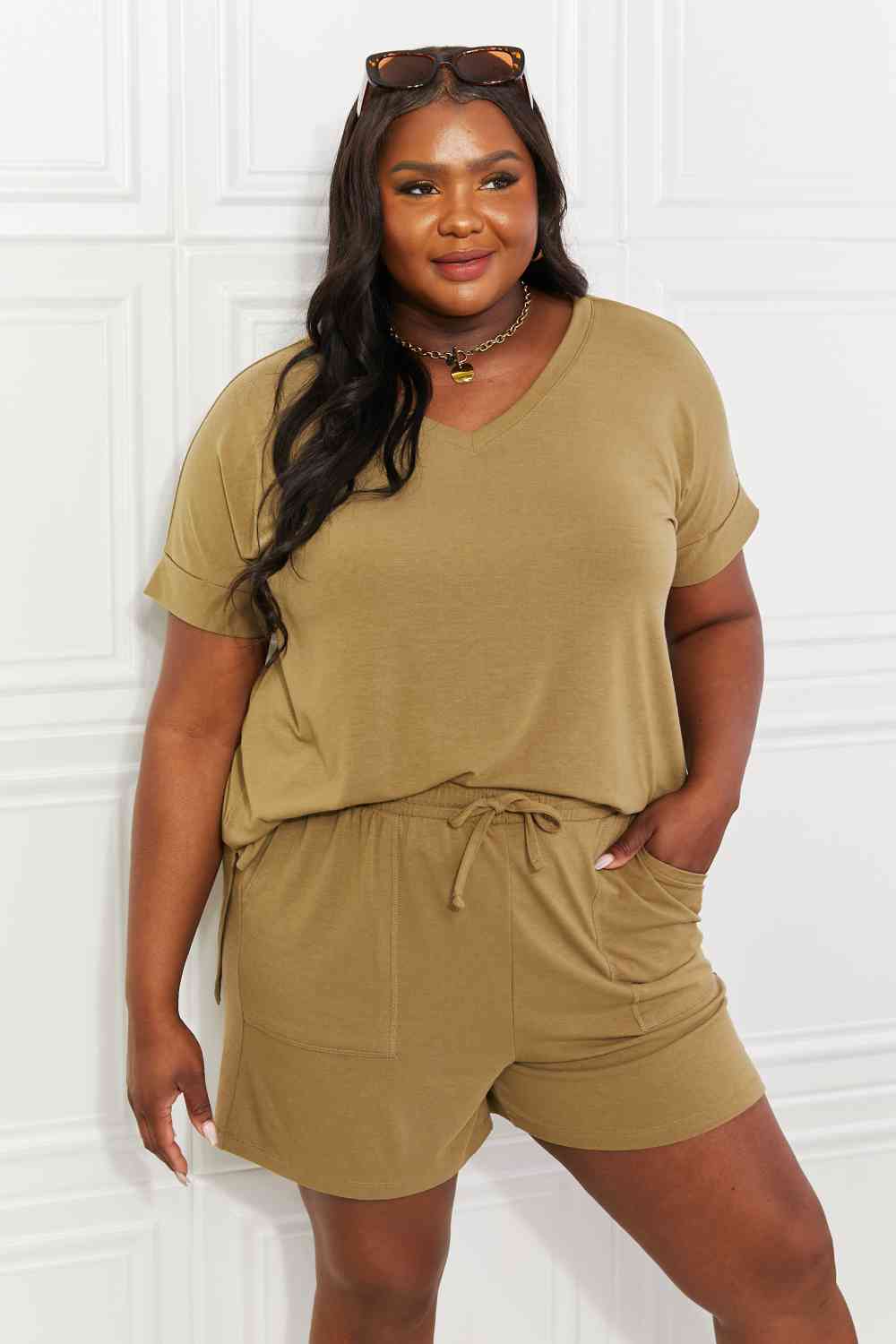 Zenana Full Size Morning Coffee V-Neck Top & Shorts Lounge Set