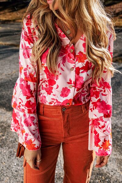 Floral Flare Sleeve Button Up V-Neck Bodysuit