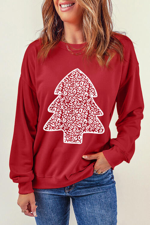 Christmas Tree Graphic Round Neck Sweatshirt