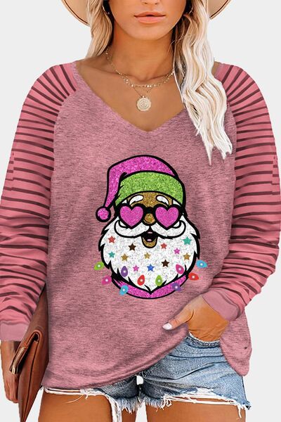 Plus Size Santa Graphic  Striped Long Sleeve T-Shirt