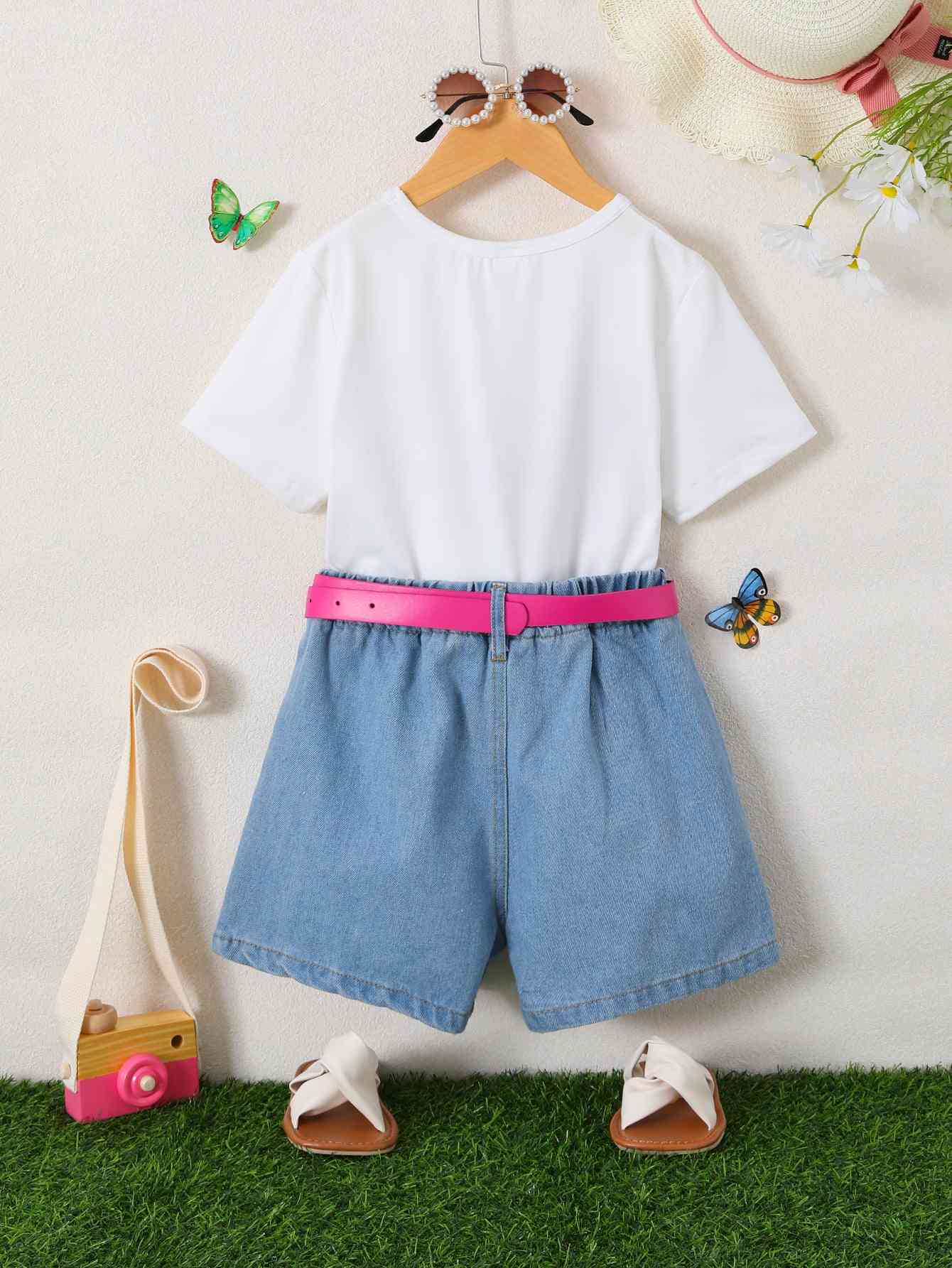 Butterfly Graphic Top and Belted Denim Shorts Set