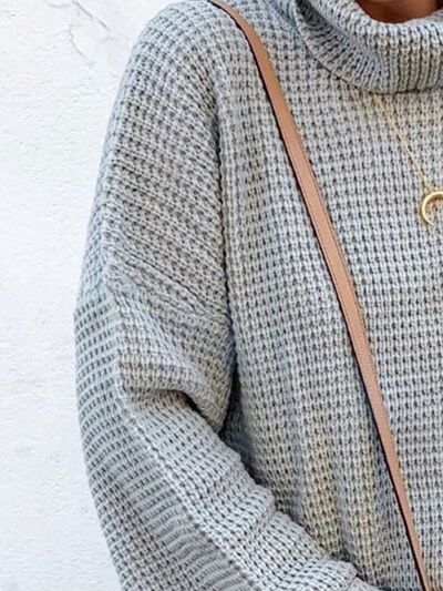 Waffle-Knit Turtleneck Round Neck Sweater