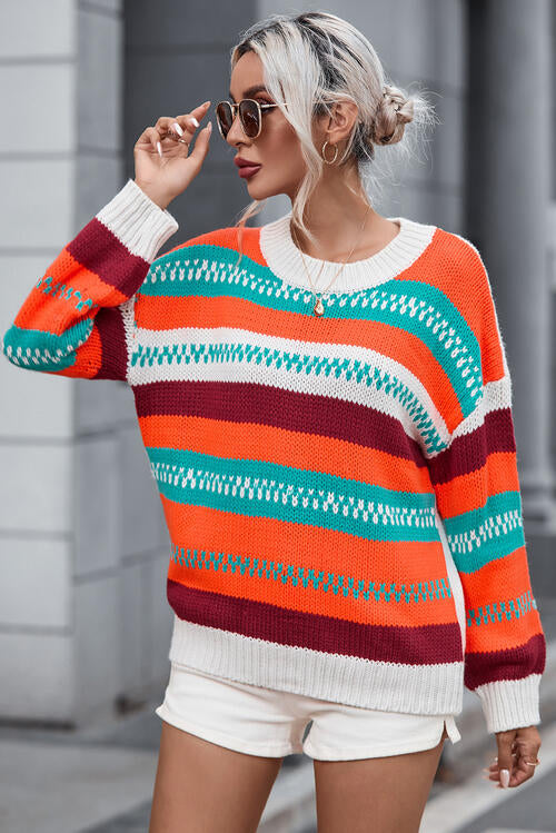 Striped Round Neck Long Sleeve Sweater