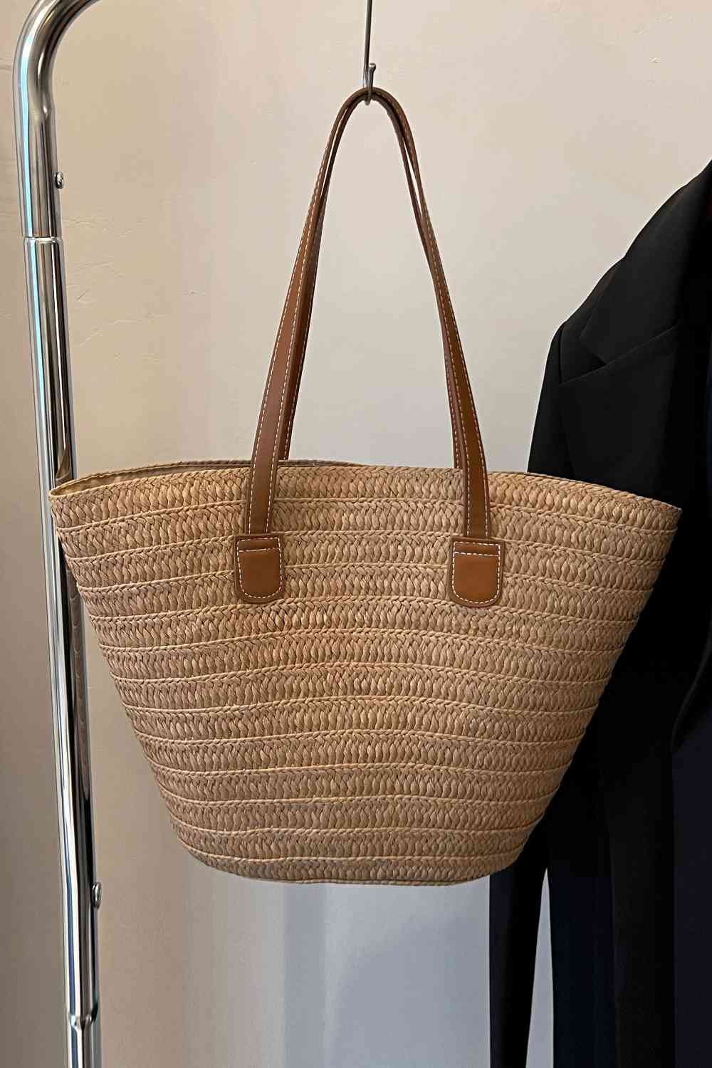 PU Leather Handle Straw Tote Bag