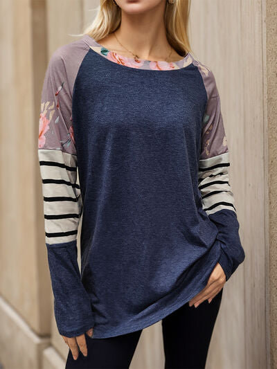 Striped Round Neck Raglan Sleeve T-Shirt