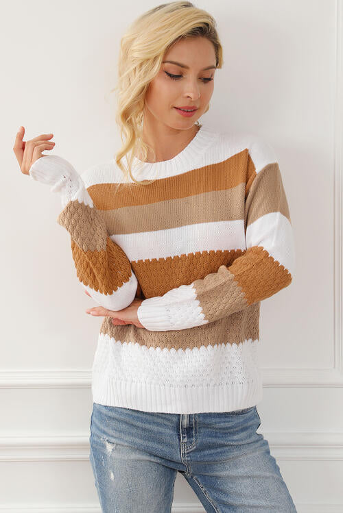 Striped Round Neck Long Sleeve Knit Top