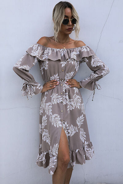 Ruffled Printed Off-Shoulder Midi Dress