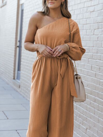 Texture Single Shoulder Tie-Waist Jumpsuit