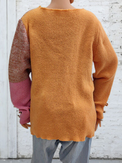 Color Block Decorative Button Long Sleeve Sweater