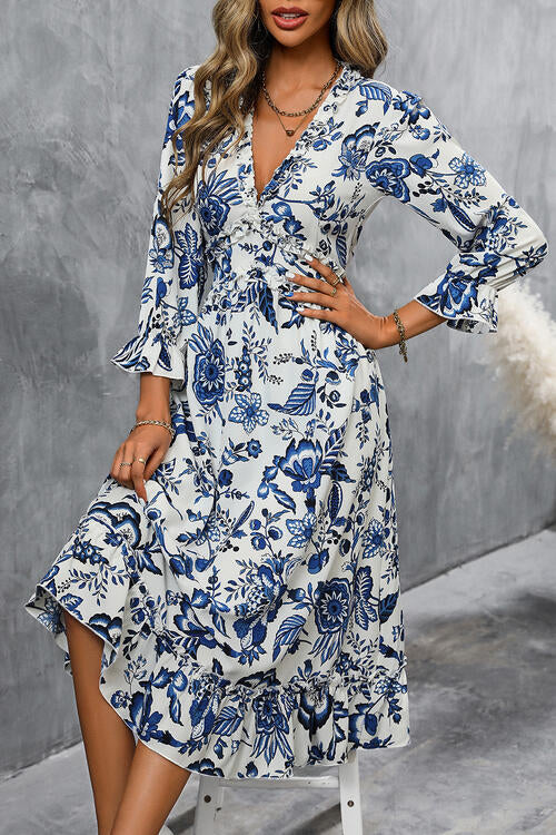 Printed V-Neck Ruffle Hem Flounce Sleeve Dress