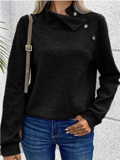 Buttoned Mock Neck Long Sleeve Sweatshirt