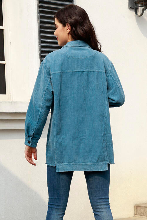 Button Up Raw Hem Long Sleeve Shacket