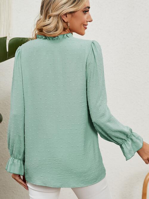 Button Up Flounce Sleeve V-Neck Shirt