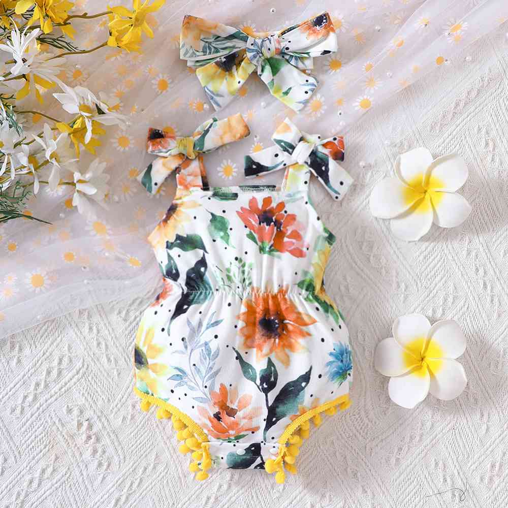 Floral Bow Detail Pom-Pom Trim Romper