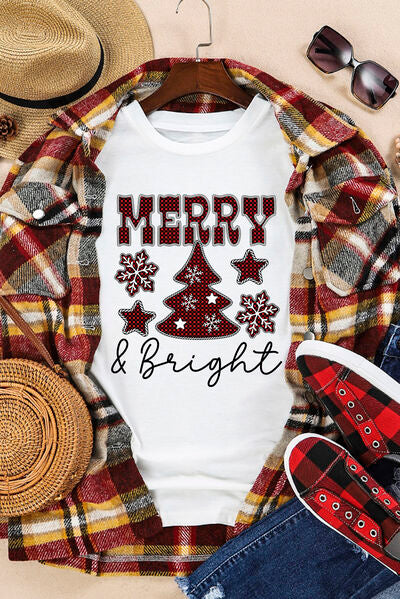 MERRY & BRIGHT Round Neck Short Sleeve T-Shirt